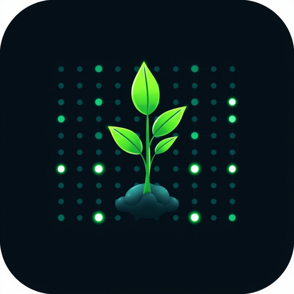 Pixel Sprout: A tiny, vibrant green seedling depicted sprouting from a digital pixel grid or a single pixel, representing nascent eco-innovations in technology.