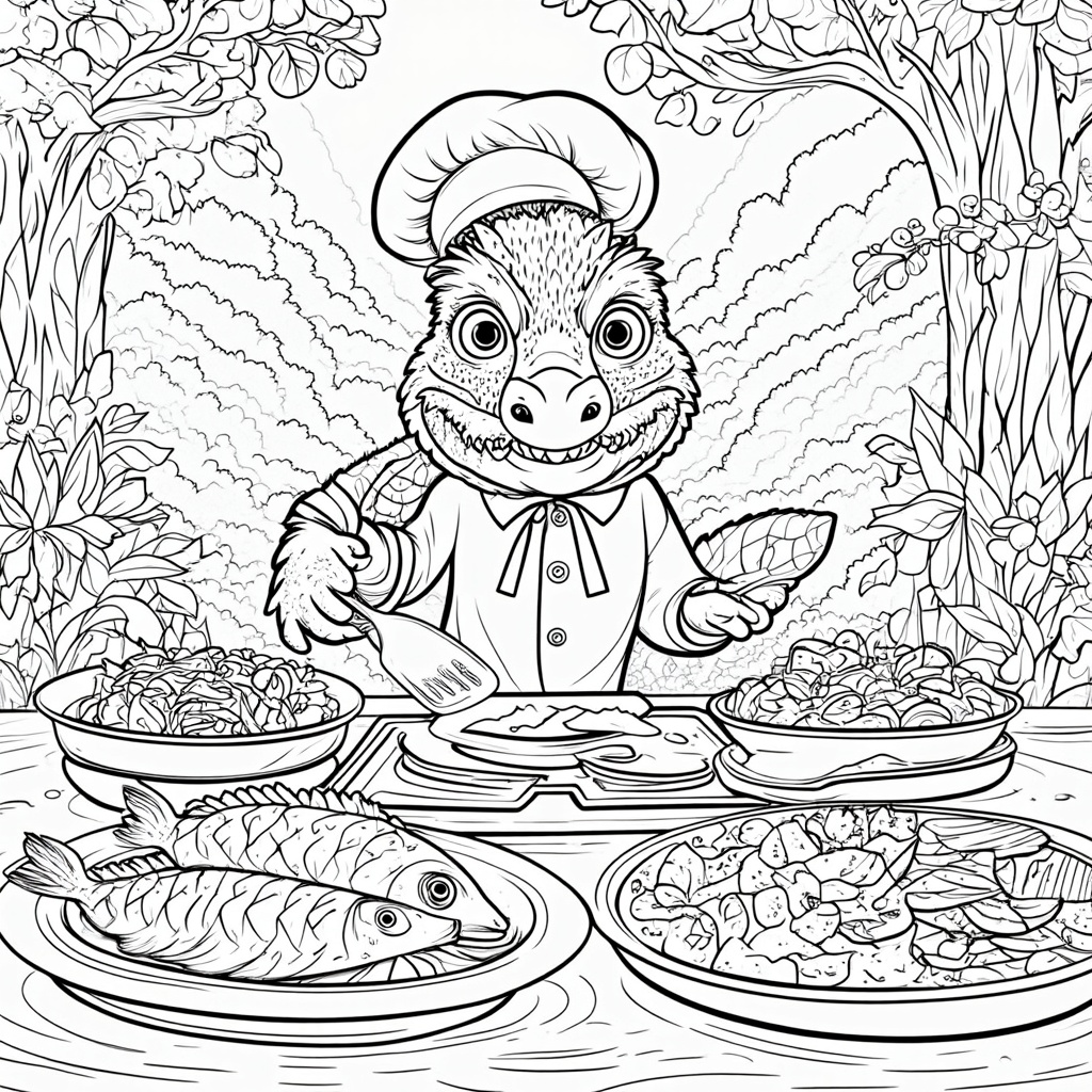 A dragon chef preparing a feast in an outdoor kitchen surrounded by lush greenery. It wears a chef's hat and apron, skillfully handling a spatula over a blazing stove. The table is laden with dishes ranging from grilled fish to colorful salads, inviting everyone to a grand meal.