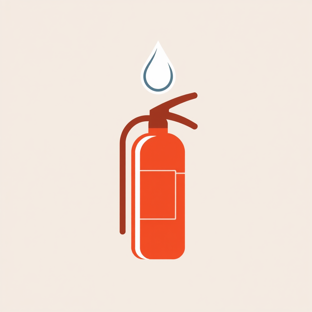 A minimalist fire extinguisher icon with a drop of water above it, symbolizing fire suppression.