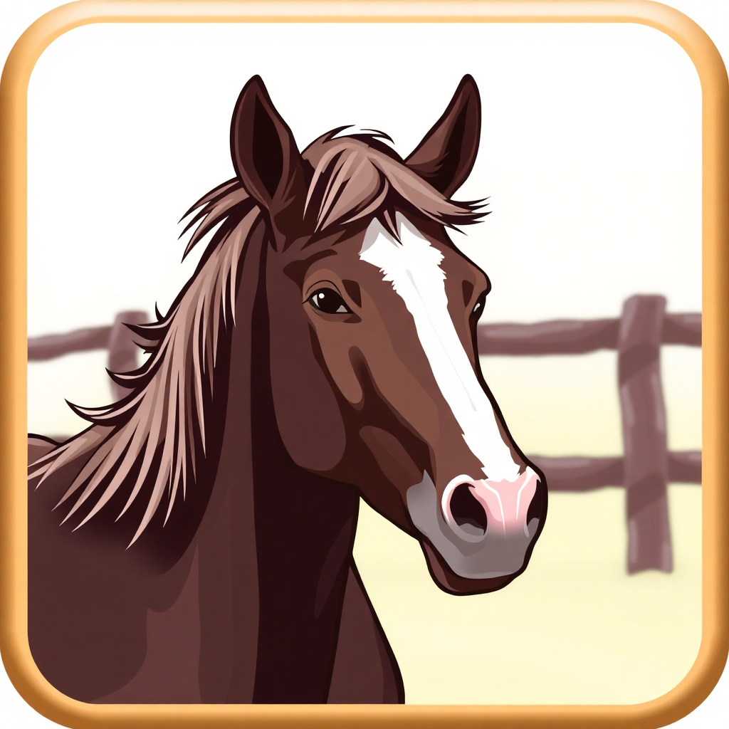 The image is a close-up portrait of a brown horse with a white stripe on its face. The horse is facing towards the right side of the image, with its head turned slightly to the left. Its mane is flowing in the wind and its eyes are looking directly at the viewer. The background is a blurred image of a wooden fence and a field. The image is framed by a gold border.