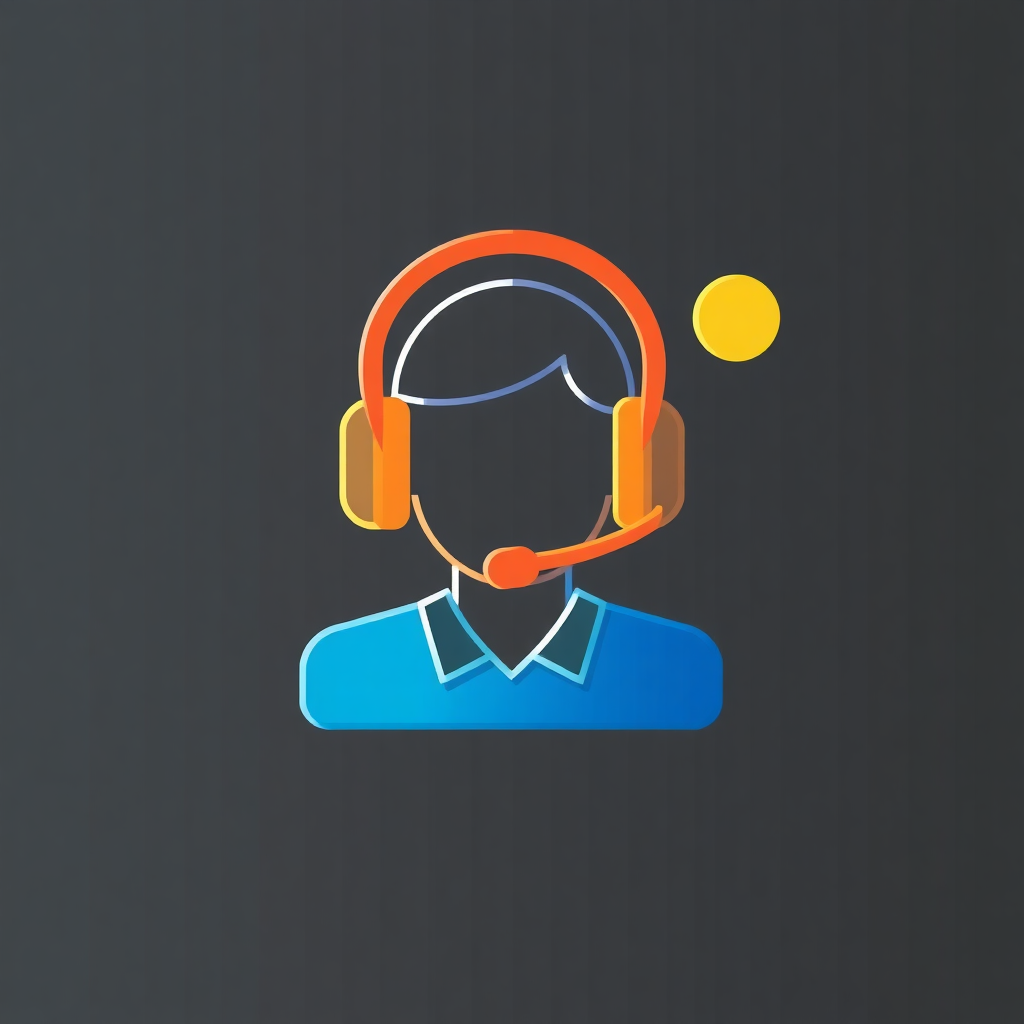 The image is a graphic illustration of a person wearing a headset. The person is wearing a blue shirt and has a microphone attached to their head. The headset is orange and yellow in color and has two ear cushions. The background is black and there is a small yellow dot on the right side of the image. The overall design is simple and minimalistic.