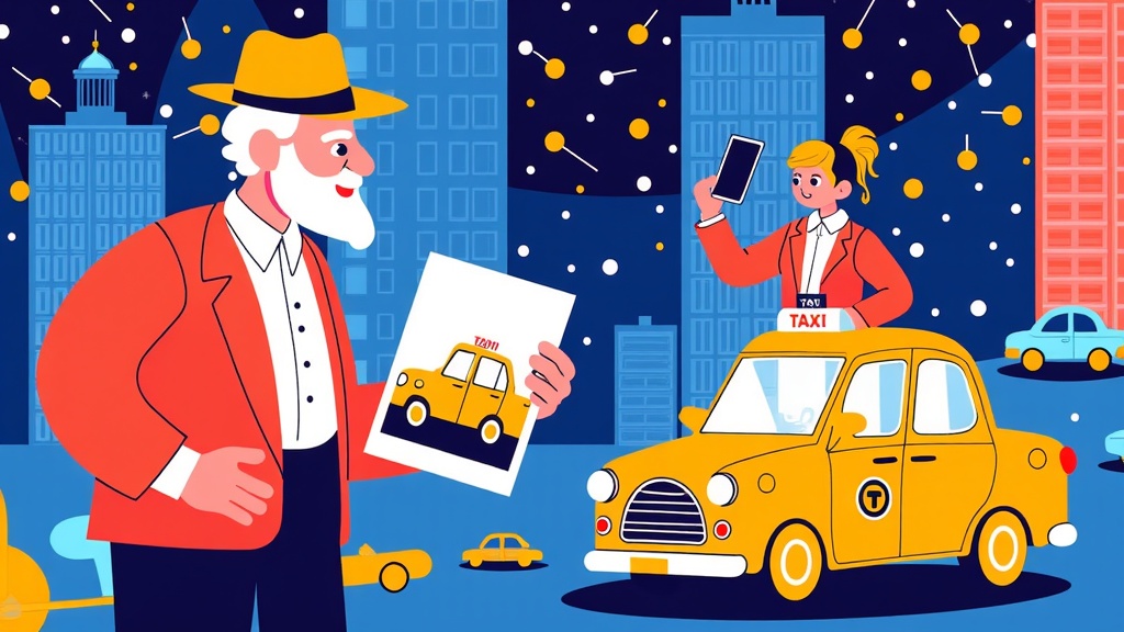 A 'generational shift' illustration showing an older person perhaps looking at a photo of an old taxi, contrasted with a younger person effortlessly using a smartphone app to summon or interact with a robotaxi in a modern urban setting.