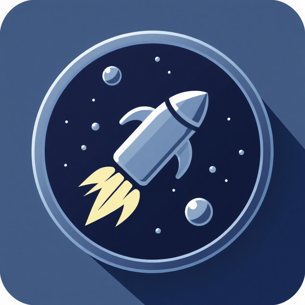 The image is a square icon with a dark blue background. In the center of the icon, there is a white rocket ship with a pointed nose and a pointed tail. The rocket is flying towards the right side of the image, with a yellow flame trailing behind it. Around the rocket, there are small white bubbles floating in the air. The overall design is simple and cartoon-like.