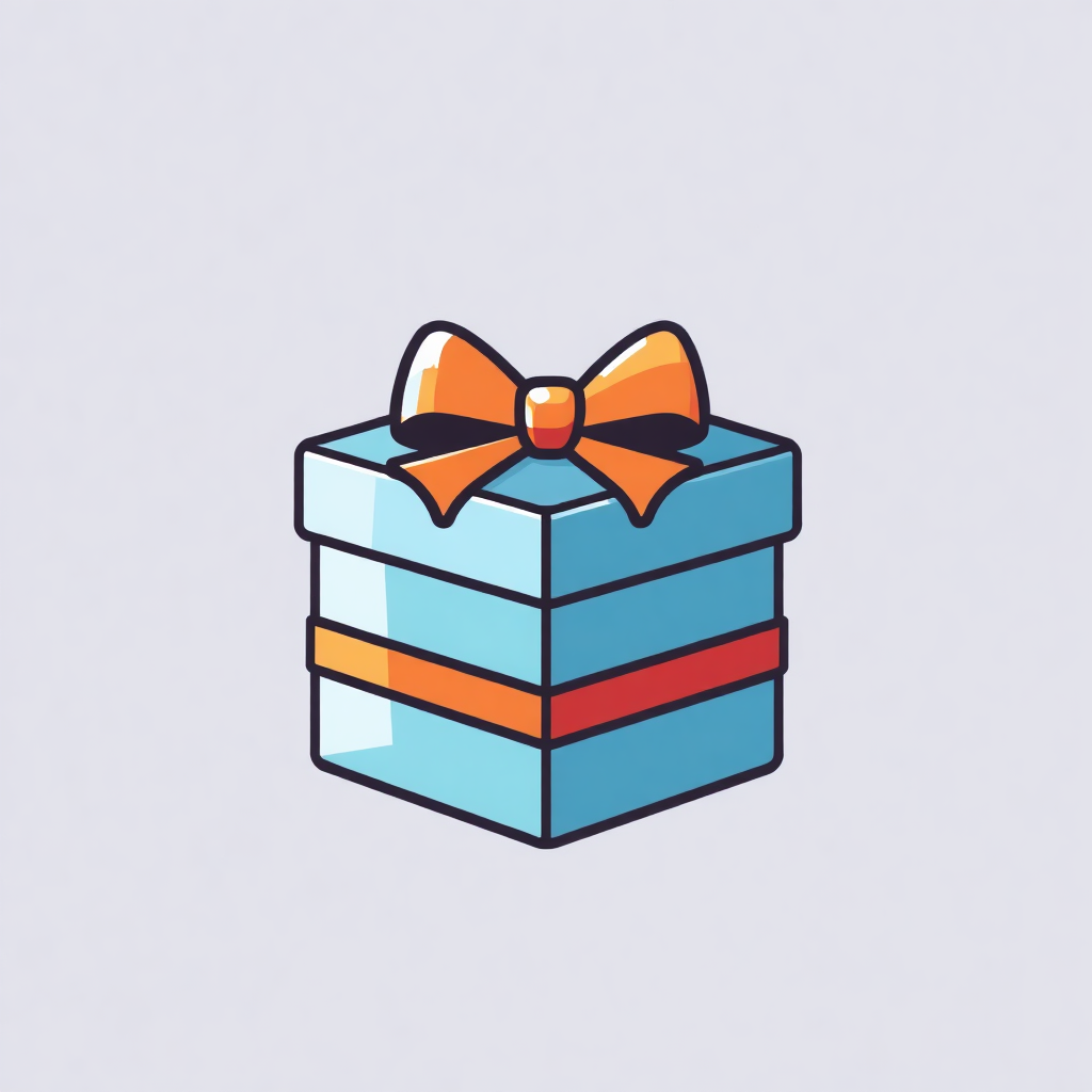 The image is a simple illustration of a gift box. The box is rectangular in shape and has a blue base with orange stripes running horizontally across it. On top of the box, there is a large orange bow with a yellow center. The bow is tied in a neat knot and appears to be made of a shiny material. The background is light blue, making the box stand out.