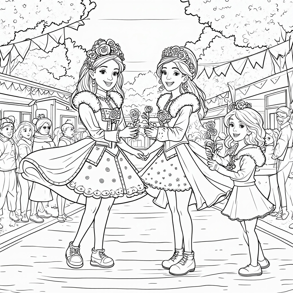 A slightly whimsical scene of Royal Rosarians interacting with children or festival-goers, perhaps handing out small roses or posing for photos, emphasizing their community role.