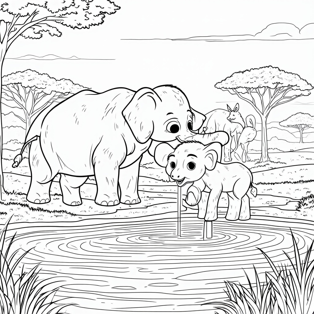A mother elephant showering her calf with water from her trunk at a watering hole. Include other savanna animals in the distance (e.g., giraffes, zebras) and acacia trees against a warm sunset.