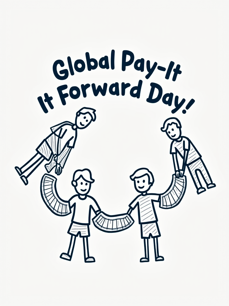 Chain Reaction Illustration: A simple line-art or icon-based illustration depicting a sequence of pay-it-forward actions: Person 1 helps Person 2, Person 2 helps Person 3, etc., potentially wrapping around the shirt or forming a circle. Title 'Global Pay It Forward Day' above or below.