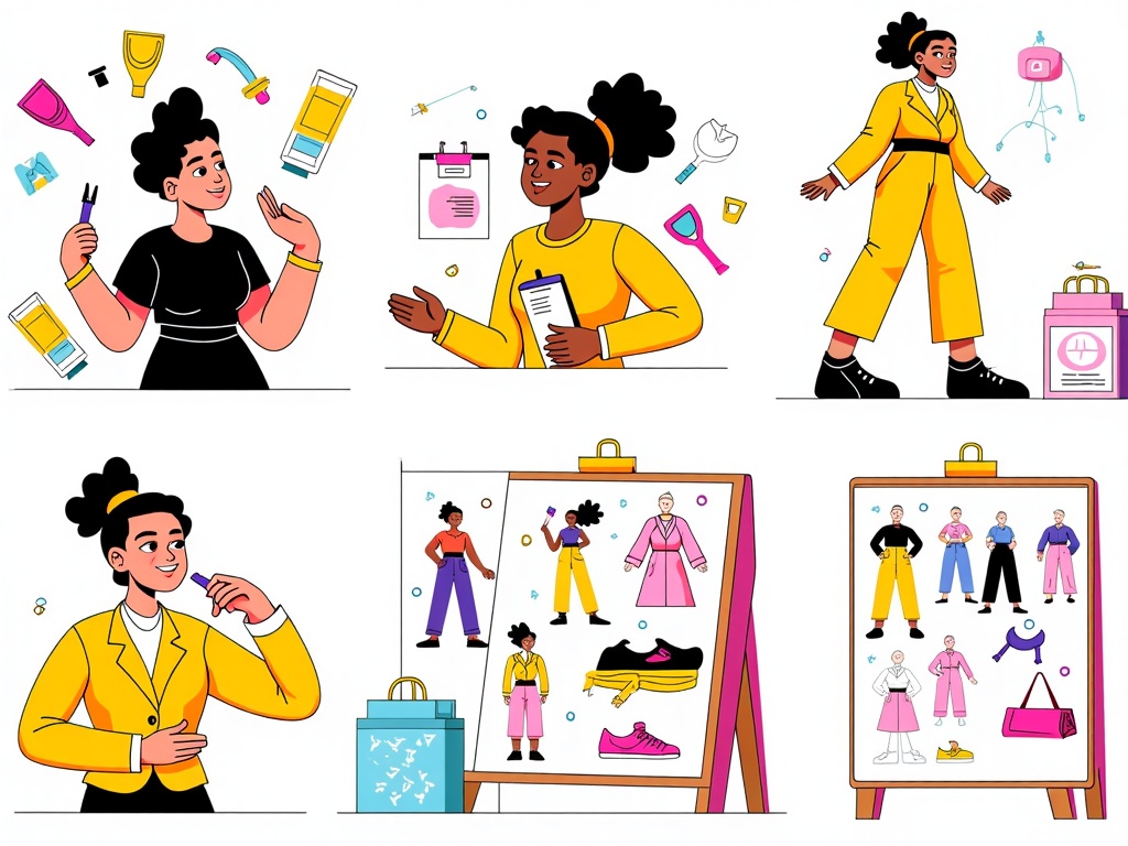 A dynamic composition showing multiple small vignettes: a hairstylist teasing hair, a model practicing her walk, a close-up of accessories being adjusted, a mood board with sketches, all tied together with a consistent illustrative style.