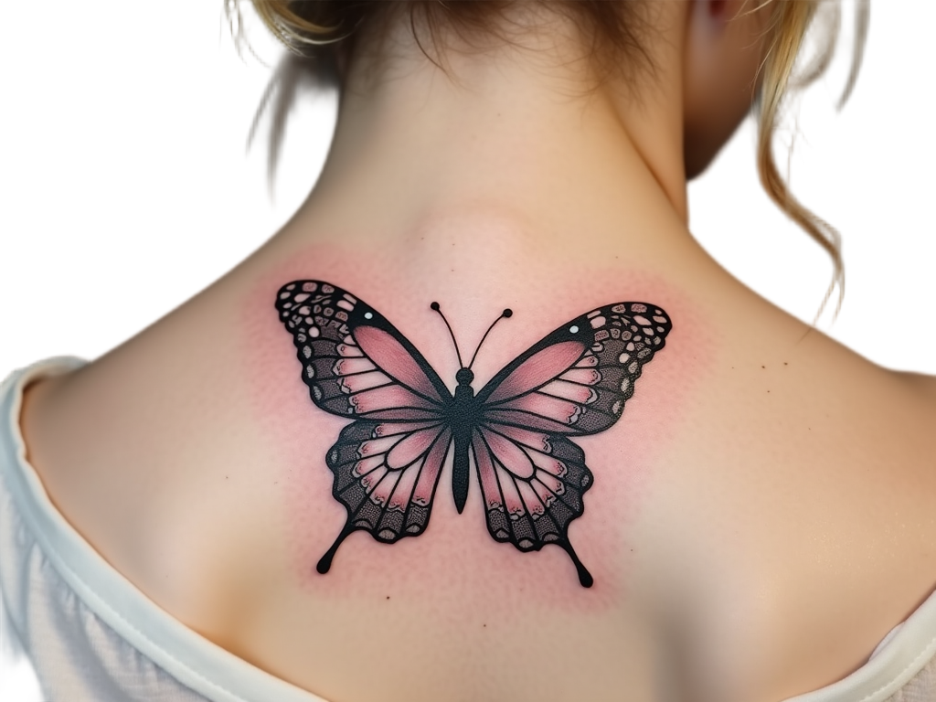 Gentle butterfly tattoo with lace design wings, elegantly spread across the nape of the neck, combining femininity and strength.