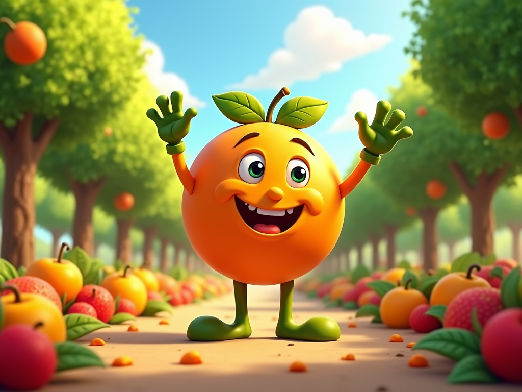 The image is a 3D rendering of a cartoon orange character standing in an orchard. The character has a big smile on its face and two green leaves on its head. It has two arms and two legs, and its hands are raised in the air as if it is waving. The background shows rows of trees with orange and red fruits, and the ground is covered in fallen leaves. The sky is blue with white clouds. The overall mood of the image is cheerful and playful.