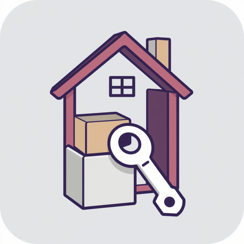 Modular Home Construction with Key: Depict abstract geometric blocks assembling into a house, with one key-shaped block locking the structure in place, symbolizing the foundational 'key to access' affordable housing.