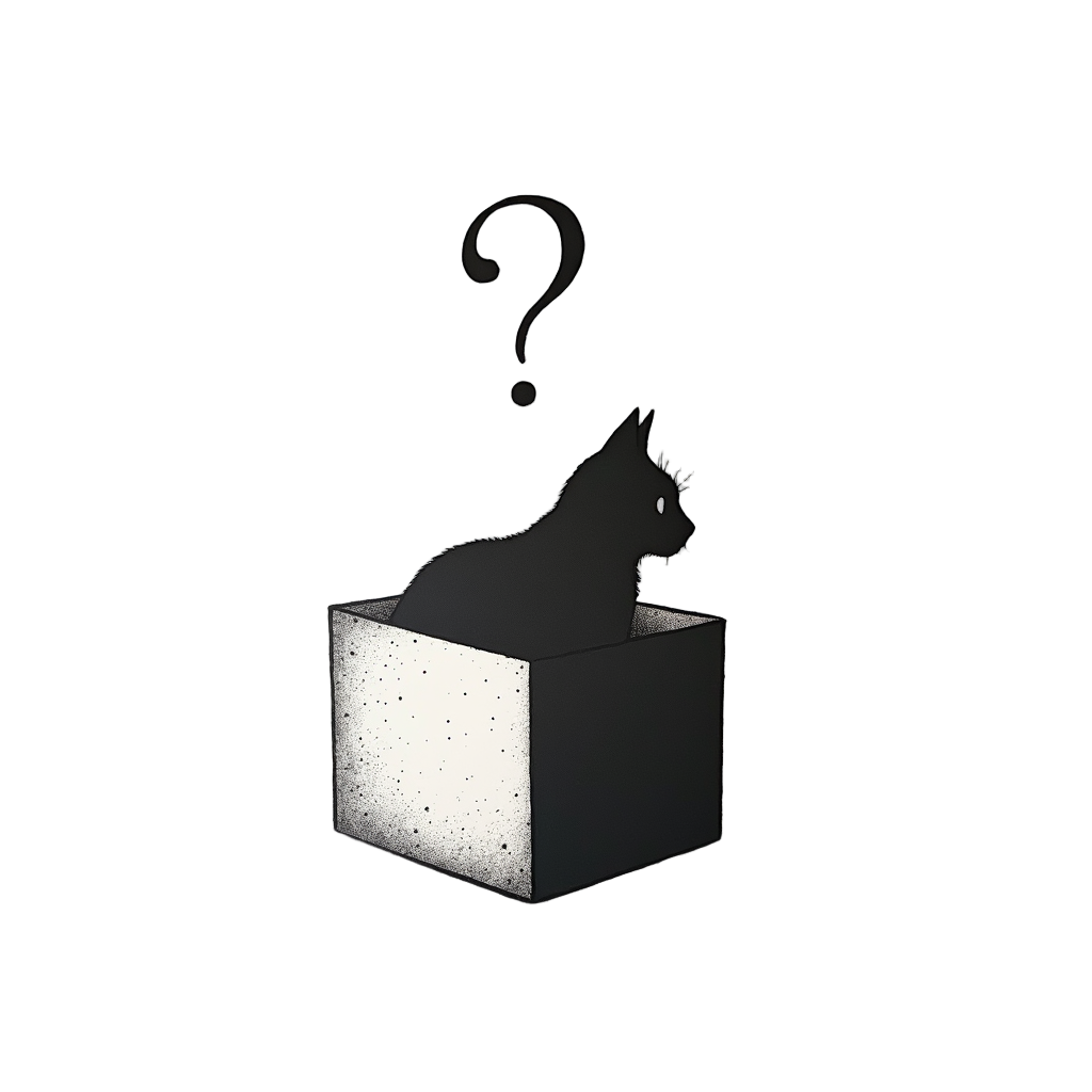 A simple, icon-like design: A minimalist outline of a box containing a cat silhouette that is cleanly split – half solid black (representing 'alive') and half stippled or dashed lines (representing 'uncertain' or 'dead'). A small, distinct question mark could float above the box.