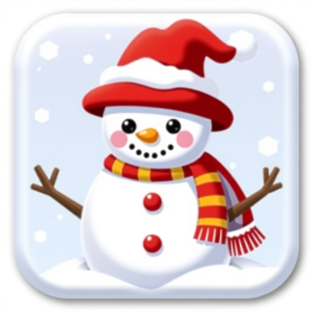 The image shows a snowman wearing a red hat and scarf, standing in the snow with a white background.