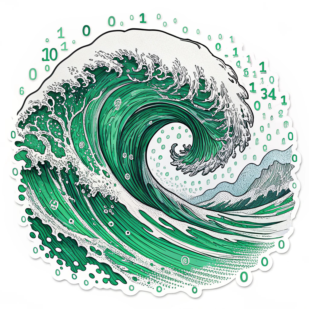 Binary Code Vortex: A dynamic swirl of green binary numbers on black, forming a vortex. Intense glitch effects (shifted code blocks, pixelation, slight color shifts) at the core or along the swirl.
