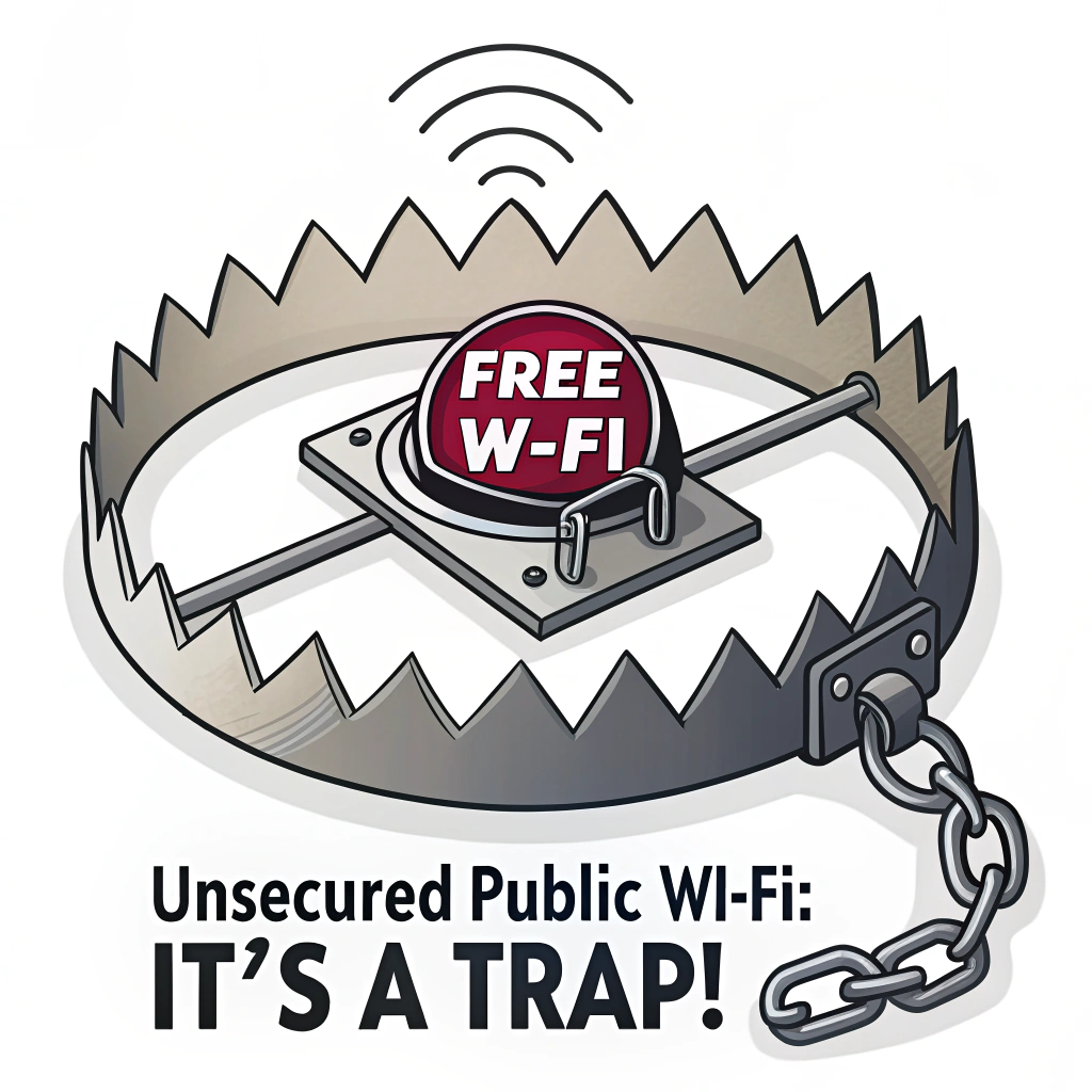 Sticker Design: A Wi-Fi symbol styled as an open bear trap, with a sign 'Free Wi-Fi' as bait. Text: 'Unsecured Public Wi-Fi: It's a Trap!'