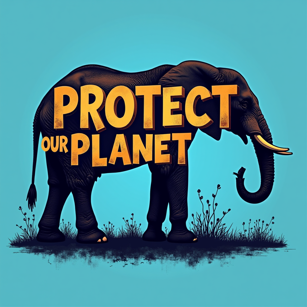 'Protect Our Planet' typography creatively arranged to form the silhouette of an endangered animal (e.g., a panda, whale, or elephant) or a tree.