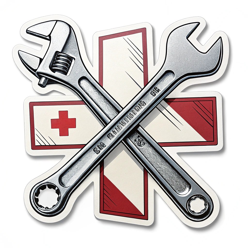 Simple Icon Idea: A plus sign (+) formed by two crossed wrenches, symbolizing workers coming together and fixing problems.
