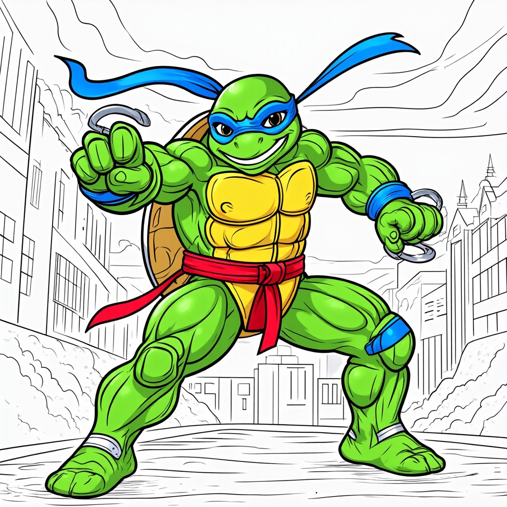 The image shows a teenage mutant ninja turtle, Raphael, standing in front of a cityscape with buildings in the background. He is wearing his signature red bandana and has a determined expression on his face. The image is a free printable coloring page, perfect for kids to enjoy.