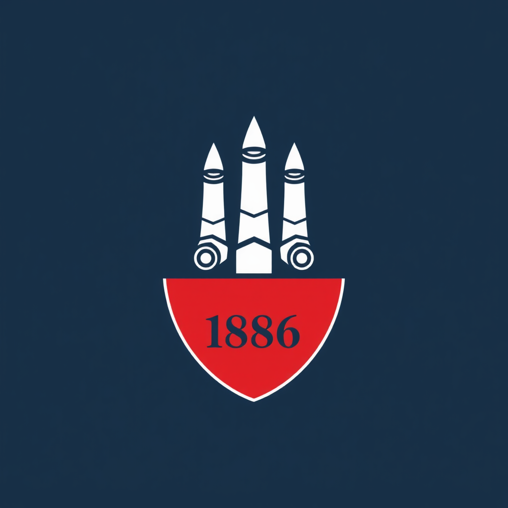 Sub-design Idea 5: A 'Founders' tribute logo: A shield based on the very first Woolwich Arsenal crest (three cannons pointing upwards), modernized with cleaner lines but retaining the original composition and incorporating '1886' or 'Woolwich' discreetly within the design for historical authenticity.