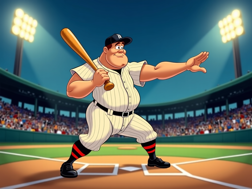 Babe Ruth dramatically pointing his bat towards deep center field, spotlight effect, with a determined, almost prophetic expression, captured from a low angle to emphasize his legendary status.