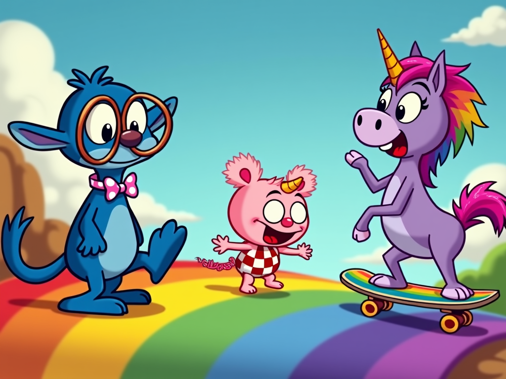 A series of short, animated vignettes showing different characters encountering humorous situations on various parts of the rainbow road, emphasizing slapstick and lighthearted adventures.