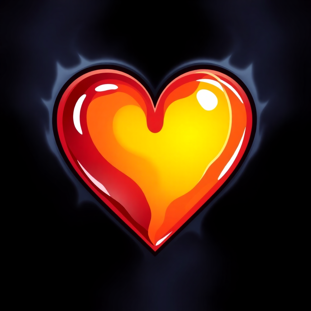 The image shows a red and yellow heart on a black background. The heart is animated, giving it a lively and vibrant look.