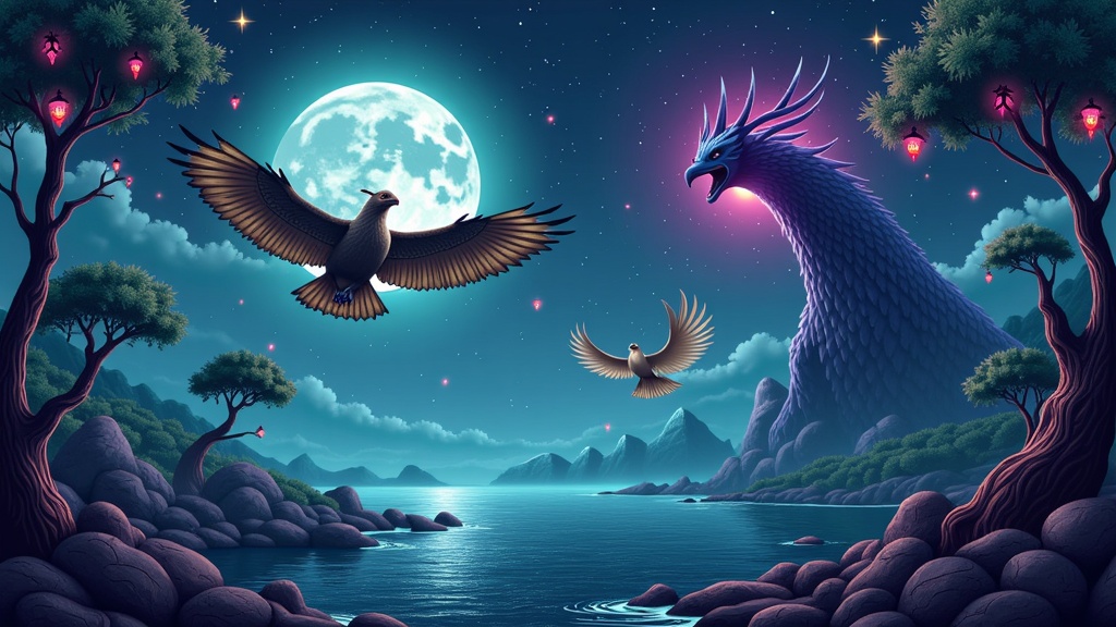 Dynamic scenes of colossal mythical beasts indigenous to Arabian folklore interacting with the night environment; for instance, a Roc carrying its prey over a moon-drenched landscape, a Bahamut surfacing in mysterious dark waters under starlight, or a majestic Karkadann (unicorn) in a hidden, enchanted nocturnal grove.