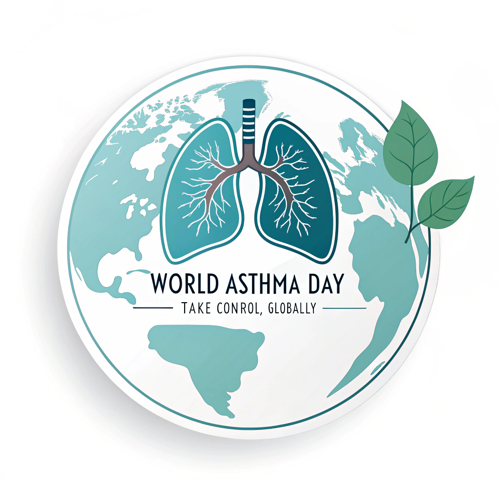 Sub Design Idea 4: Global Lungs, Shared Responsibility - Sticker uses a simple globe graphic where the continents are formed by or overlaid with healthy lung outlines, signifying global awareness and shared effort. Text: 'World Asthma Day: Take Control, Globally.'