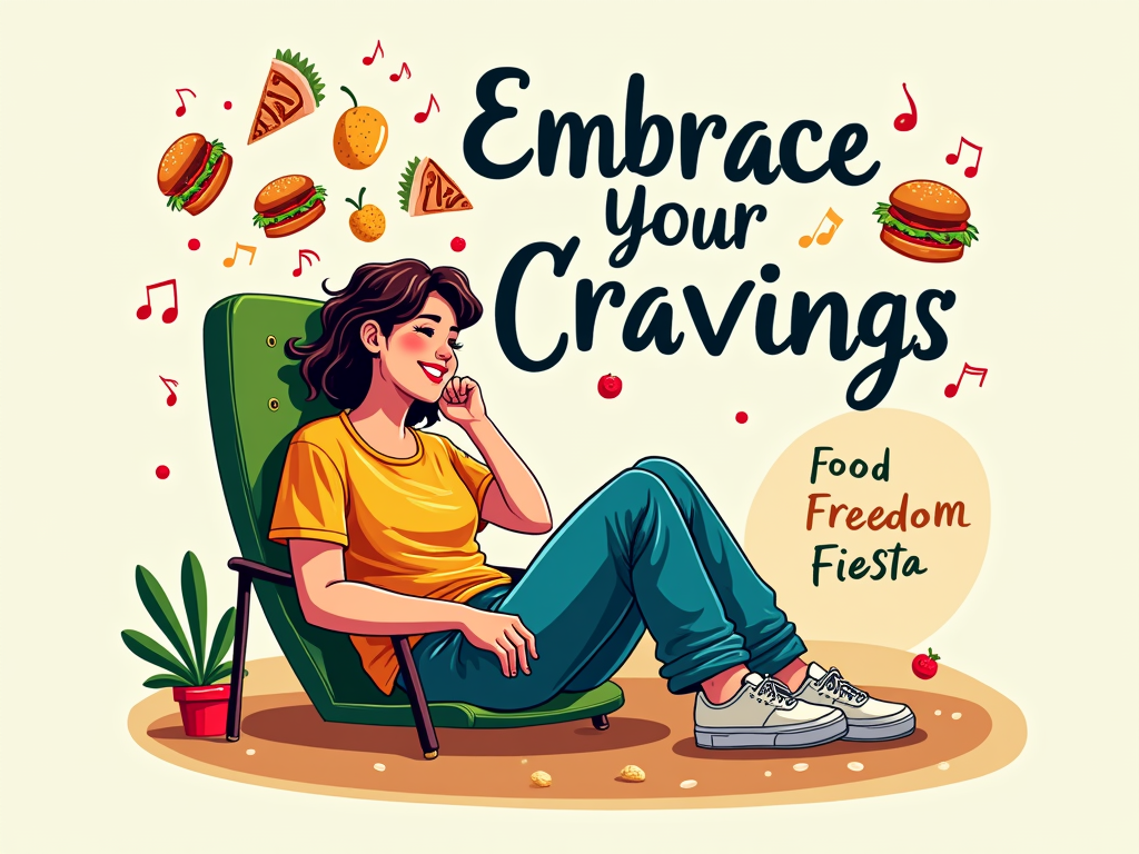 My Cravings Symphony: An illustration of a happy, relaxed person (gender-neutral) with various foods floating around their head like musical notes or in thought bubbles, forming a 'symphony' of cravings. Text: 'Embrace Your Cravings' and 'Food Freedom Fiesta' in a flowing, artistic font.