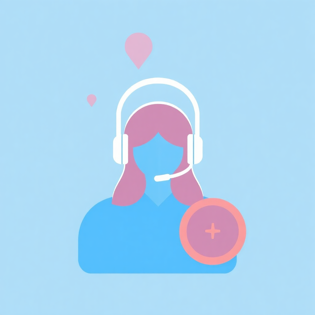 The image is an illustration of a person wearing a headset with a pink plus sign on it. The person has pink hair and is wearing a blue shirt. The background is light blue and there are two pink balloons floating above the person's head. The overall design is simple and minimalistic.