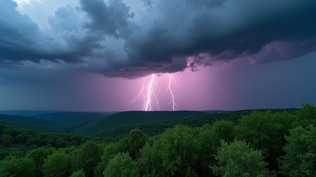 A stunning image of a thunderstorm over a lush forest, perfect for a wallpaper. Vivid lightning bolts pierce through the thick clouds, casting an eerie glow over the verdant trees below. The rich greenery contrasts dramatically with the gray and purple hues of the sky, creating a scene where nature's tranquility clashes with its ferocity.