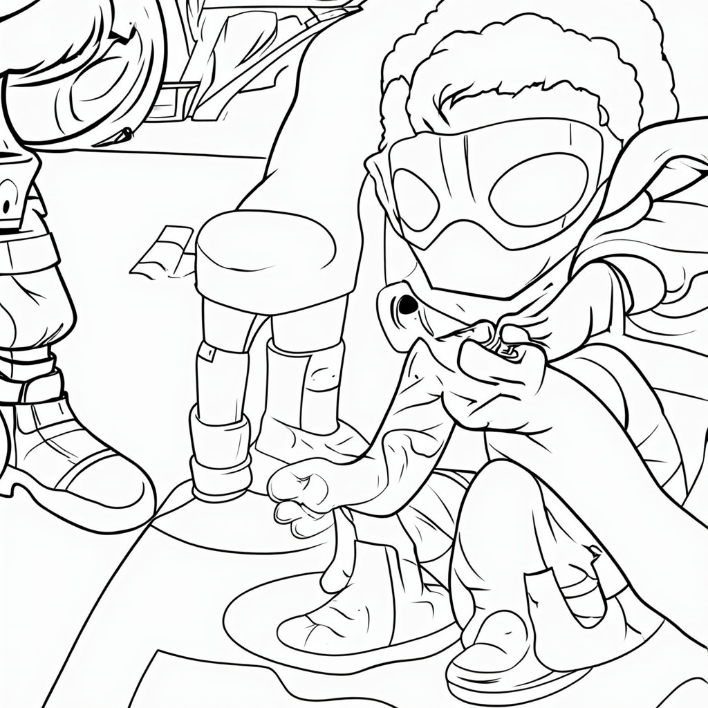 Close-up on the child's hands holding a pencil, drawing the final details on their superhero's mask or boots. The rest of the page shows the unique superhero outline.