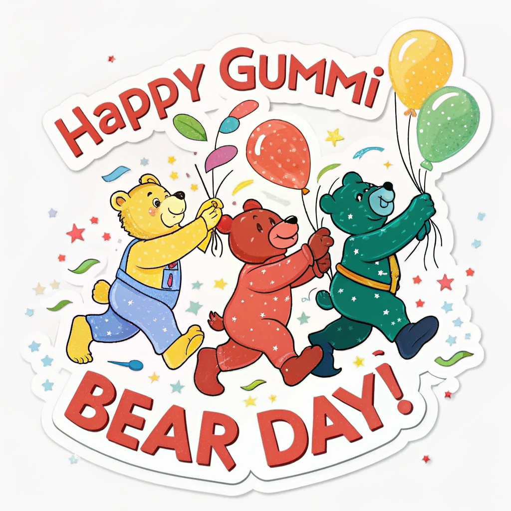 Original text (English): National Gummi Bear Day Stickers - Happy Gummi Bear Day! - Classic Celebration Sticker