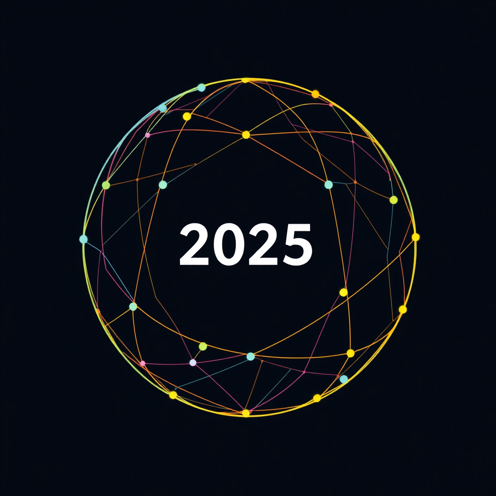 Interconnected Future: A network of abstract, flowing lines in Progressive Pride colors forms a stylized globe or an upward trajectory. '2025' is integrated where lines converge, symbolizing global unity and 'Future Forward Pride'.