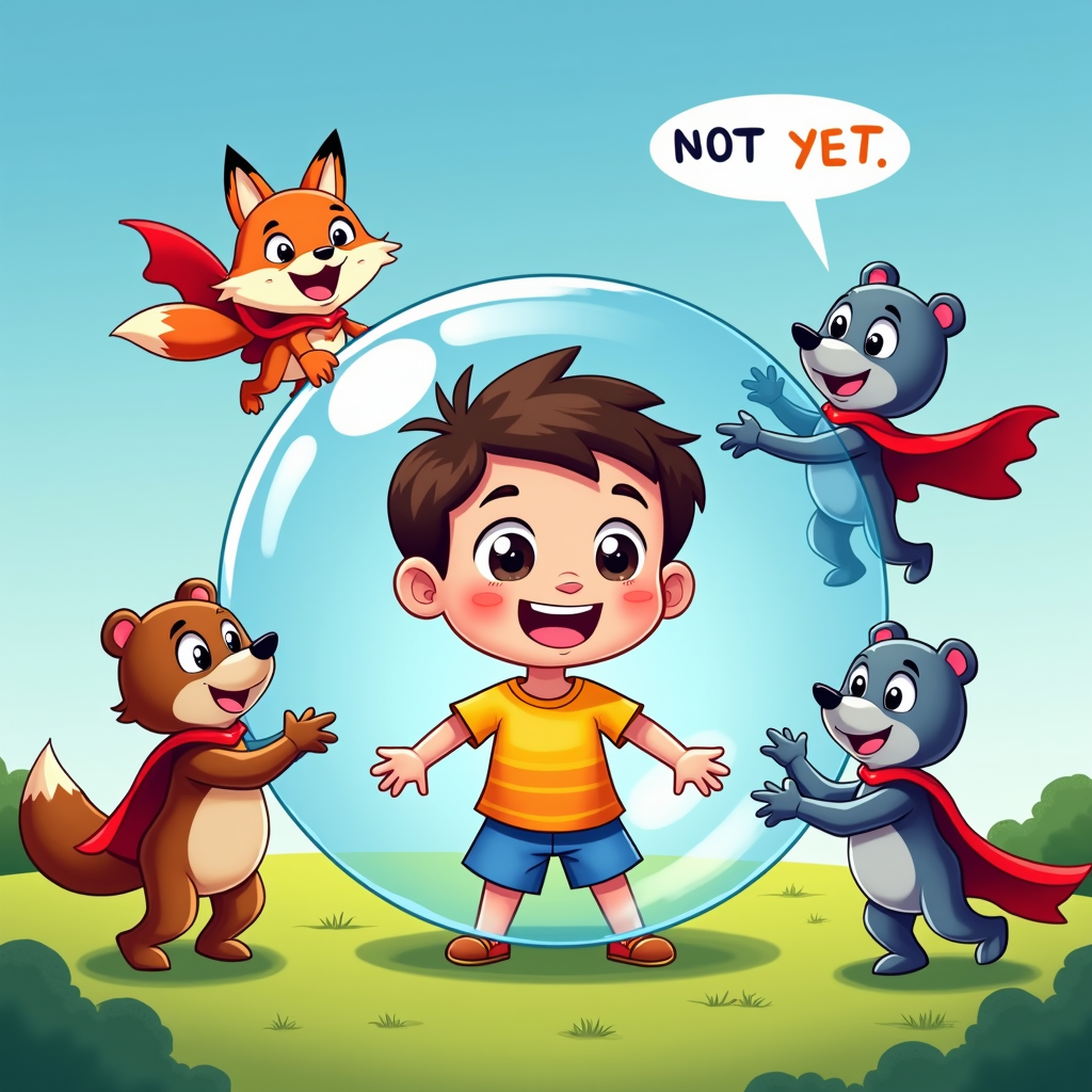 The 'Privacy Bubble' Guardians: A child is shown happily inside a clear, protective bubble. Various cartoon 'data grabbers' (e.g., sneaky foxes, nosy robots) try to poke the bubble. Restrictions are depicted as friendly, strong guardians (e.g., big teddy bears, superhero pets) gently deflecting the grabbers, saying, 'Not yet! This bubble protects your special thoughts and info while you learn who's safe to share with. We're teaching you to spot the tricky ones!'
