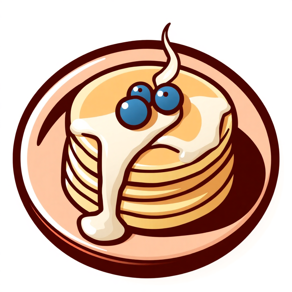 The image is an illustration of a stack of pancakes on a brown plate. The pancakes are golden brown and appear to be freshly made. On top of the pancakes, there are two blueberries and a dollop of white cream. The cream is drizzled over the top, creating a smooth and creamy texture. The plate is oval-shaped and has a glossy finish. The background is white, making the pancakes and cream stand out.