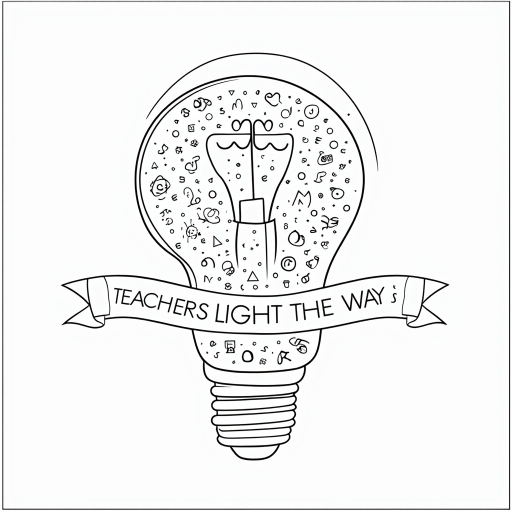 Idea Bulb Central: A large, clear light bulb with a filament creatively shaped like a brain or an open book. Inside the bulb, numerous small icons representing different school subjects (e.g., atom for science, musical note for music, paintbrush for art) offer varied coloring elements. The text 'Teachers Light the Way' can be a banner around the bulb.