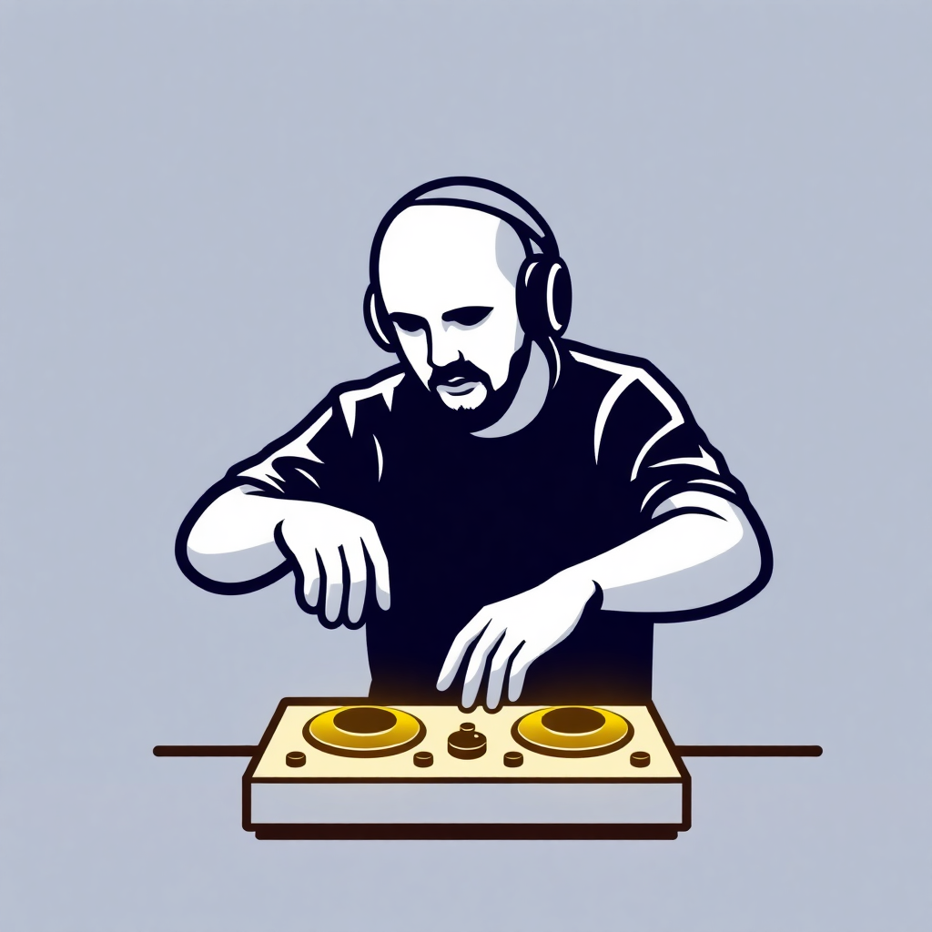 The image is a digital illustration of a DJ playing music on a turntable. The DJ is wearing a black t-shirt and has a pair of headphones on his head. He has a beard and is focused on the music he is playing. The turntables are gold in color and have two knobs on the front. The background is a light blue color. The image has a simple and cartoon-like style.