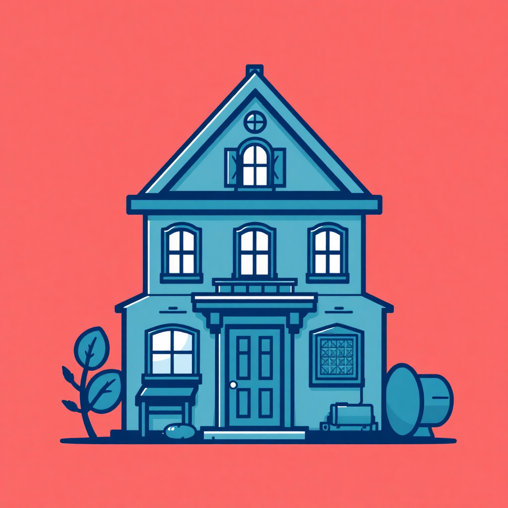 The image is an illustration of a two-story house with a blue exterior and a red background. The house has a triangular roof with a small chimney on top and a small window on the second floor. There are two large windows on the front of the house, one on each floor and one on the ground floor. The front door is open and there is a small porch with a bench and a table in front of it. There is also a small tree on the left side of the image and a satellite dish on the right side. The overall style of the illustration is simple and cartoon-like.