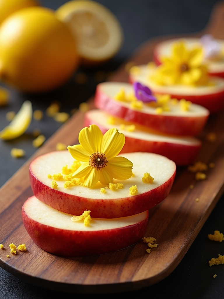 Individual apple slices presented on a wooden platter, each topped with a sprinkle of lemon zest and a tiny edible flower for an elegant touch.