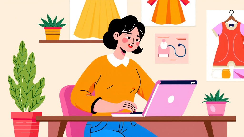  a young woman sitting at a desk with a laptop in front of her. She is wearing an orange sweater and blue jeans and has a smile on her face. The desk is made of wood and there are two potted plants on either side of the desk. On the wall behind her, there are three dresses hanging on a hanger and a picture of a dress hanging on the wall. The dresses are in different colors and styles, including orange, yellow, and pink. The overall style of the illustration is flat and cartoon-like.