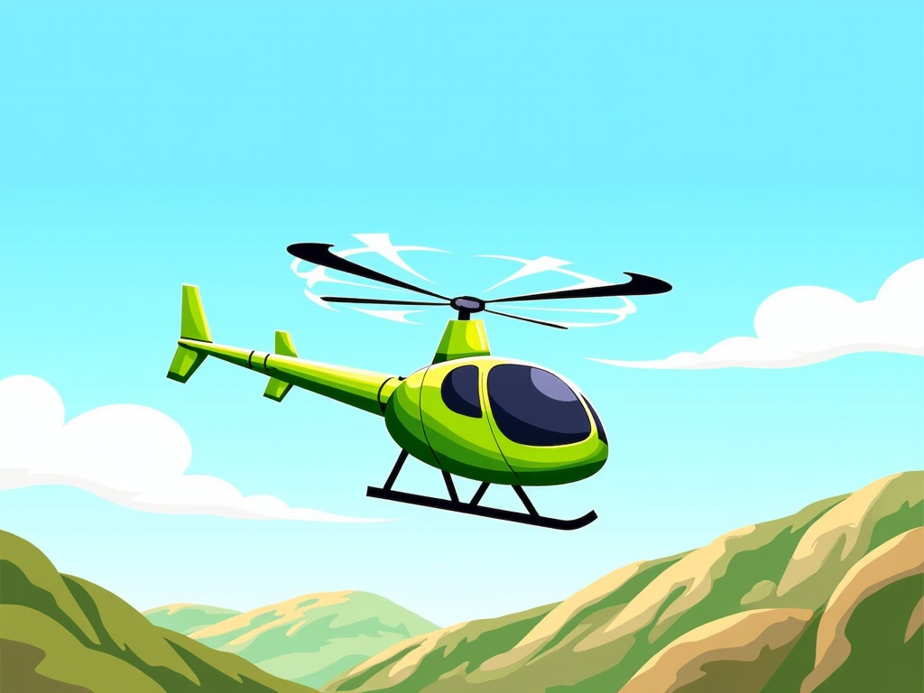 The image is a digital illustration of a green helicopter flying over a mountainous landscape. The helicopter is in the center of the image, with its body facing towards the right side of the frame. It has a pointed nose and two propellers on either side. The sky is blue with white clouds scattered across it. The mountains below are green and have a rocky texture. The overall color scheme of the illustration is bright and vibrant, with shades of green, yellow, and blue.