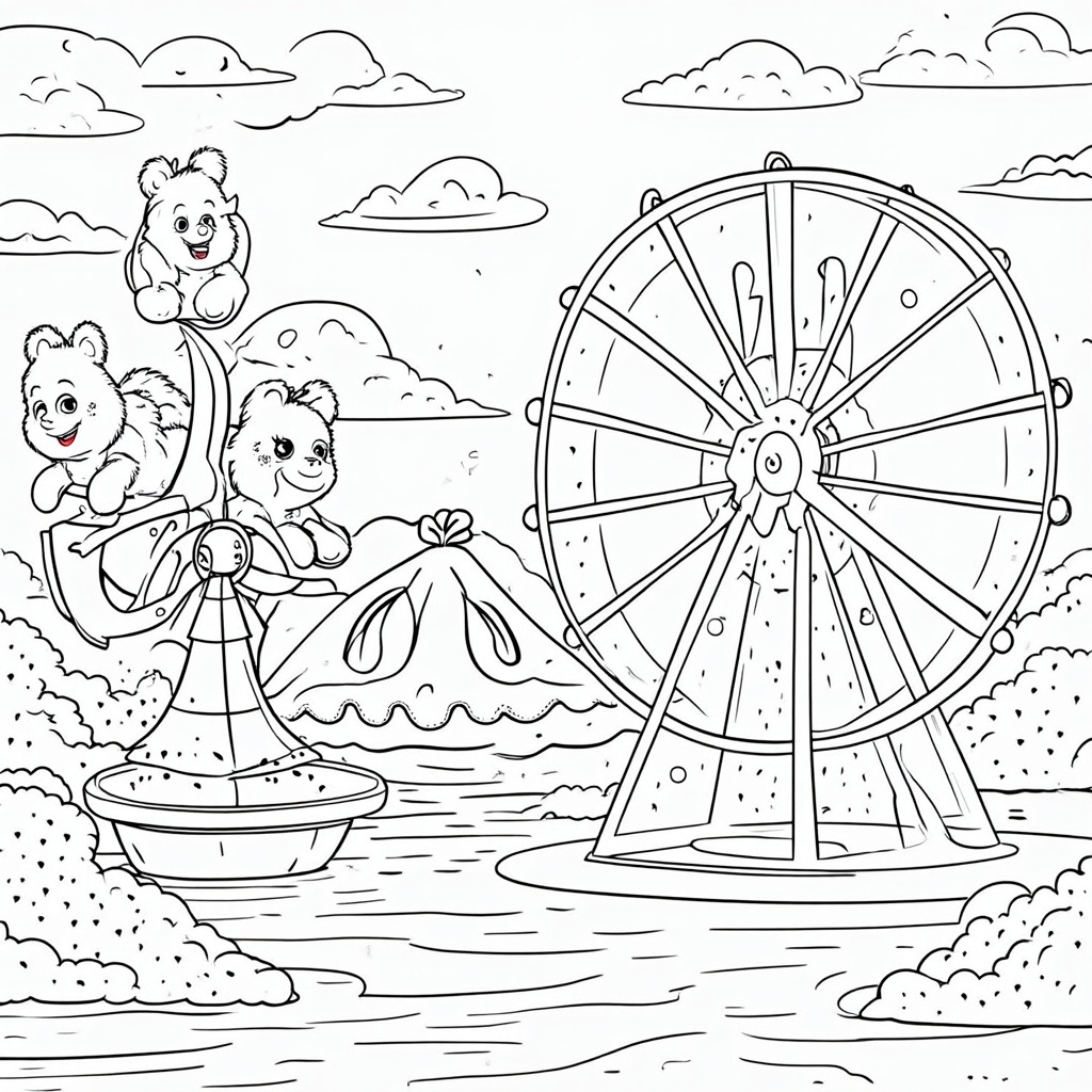 Gummy bears at a carnival, riding a gummy Ferris wheel, playing gummy ring toss, and eating cotton candy clouds.