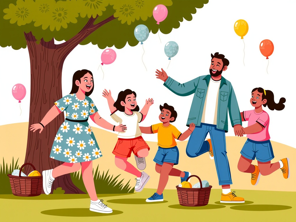  a family of five running in a park. The family consists of a man, a woman, two children, and two girls. The man is in the center of the image, wearing a blue jacket and jeans, and the children are running around him. They are all smiling and appear to be having fun.  The family is running on a grassy field with a tree on the left side and a basket of fruit on the right side. There are also several colorful balloons floating above them. The balloons are in different colors - pink, blue, yellow, and green. The tree has green leaves and there is a blue sky in the background. The ground is covered in grass and there are a few other trees and bushes scattered around.