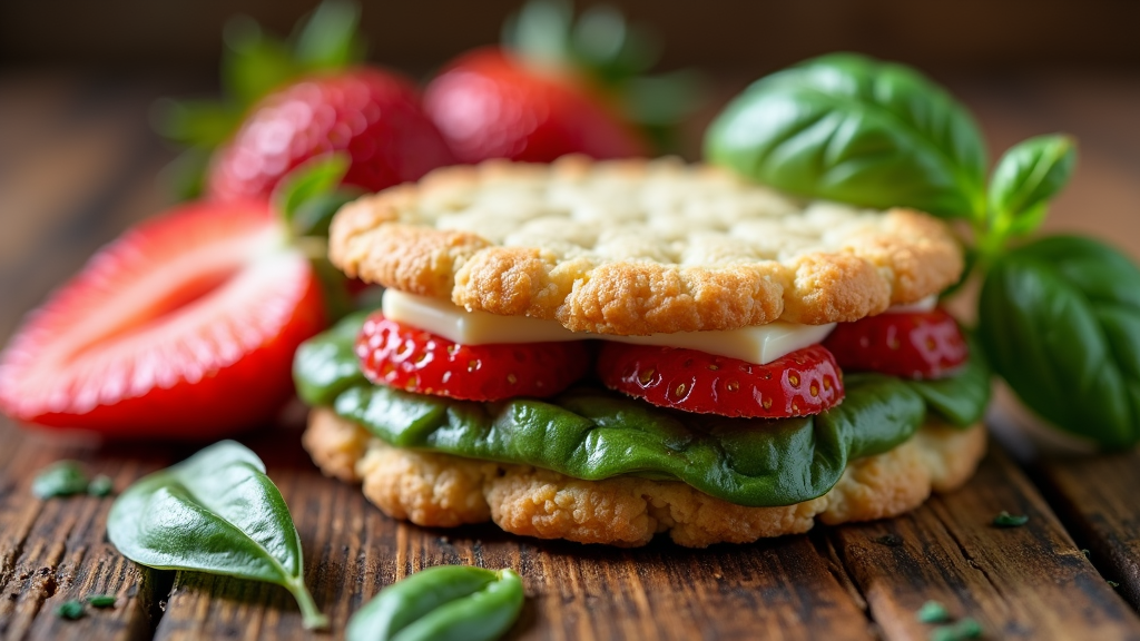 A double-layered cookie with a strawberry center and a basil cookie base, joined by a thin layer of white chocolate.