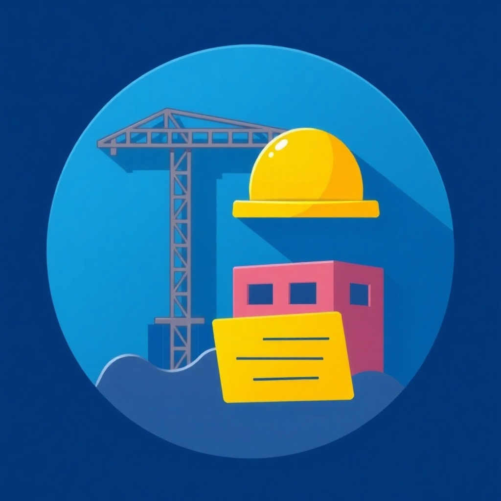 The image is an illustration of a construction site with a blue circle in the center. Inside the circle, there is a yellow hard hat, a pink building, and a yellow construction crane. The construction site appears to be under construction, as there are cranes and other construction equipment visible in the background. The overall color scheme of the image is blue and yellow.