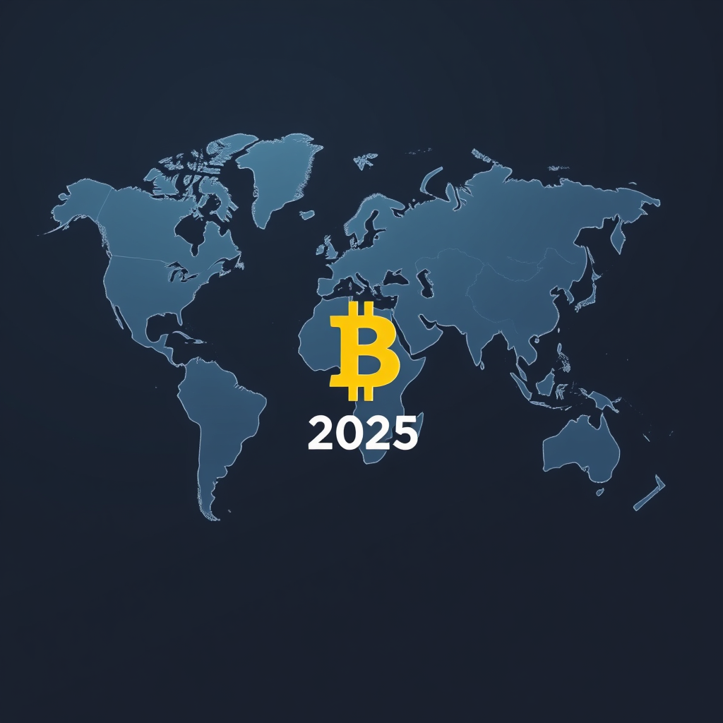 A futuristic, minimalist world atlas where continents are outlined with clean lines. Ocean areas feature subtle blockchain motifs. The Bitcoin symbol and '2025' form a modern cartouche, representing the 'Global Ledger'.