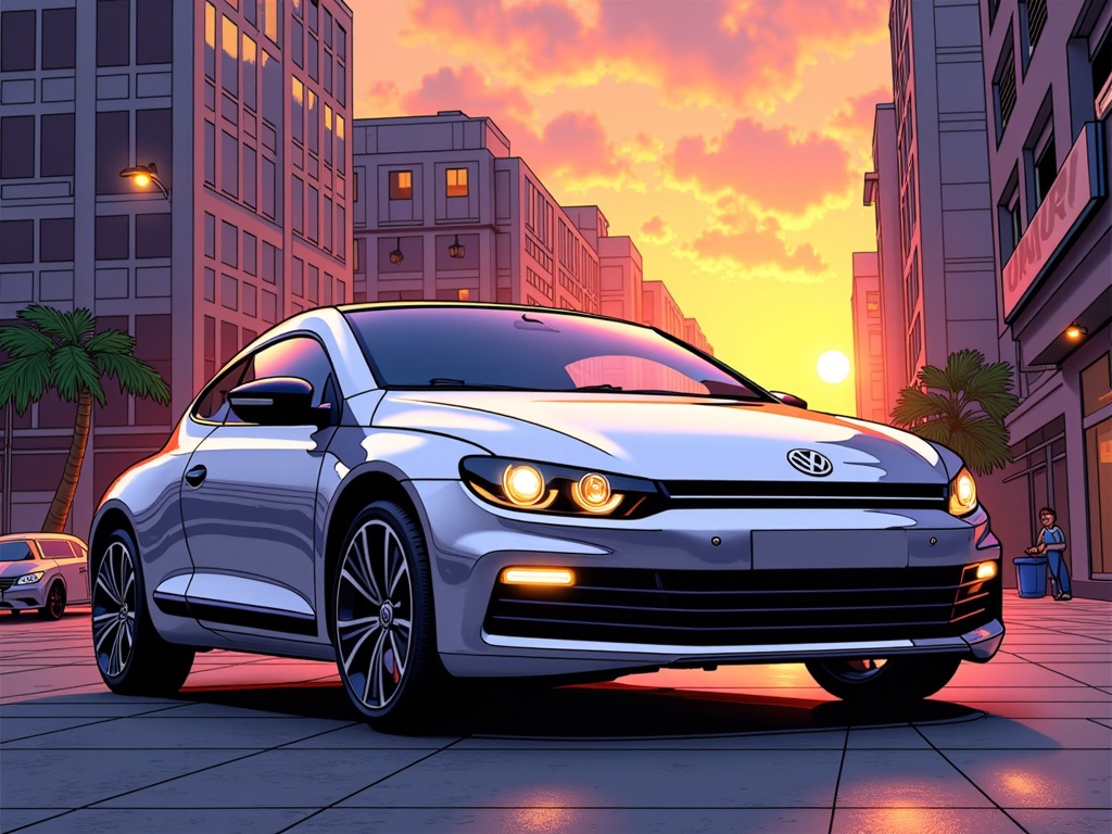 The image is a digital illustration of a silver Volkswagen car parked on a city street at sunset. The car is in the center of the image, with the sun setting in the background. The sky is orange and pink, with a few wispy clouds scattered across it. The street is lined with tall buildings and palm trees, and there are a few people walking on the sidewalk. The buildings on either side of the street are tall and modern, with glass windows and balconies. The overall color scheme of the illustration is warm and vibrant, with shades of pink, orange, and yellow.