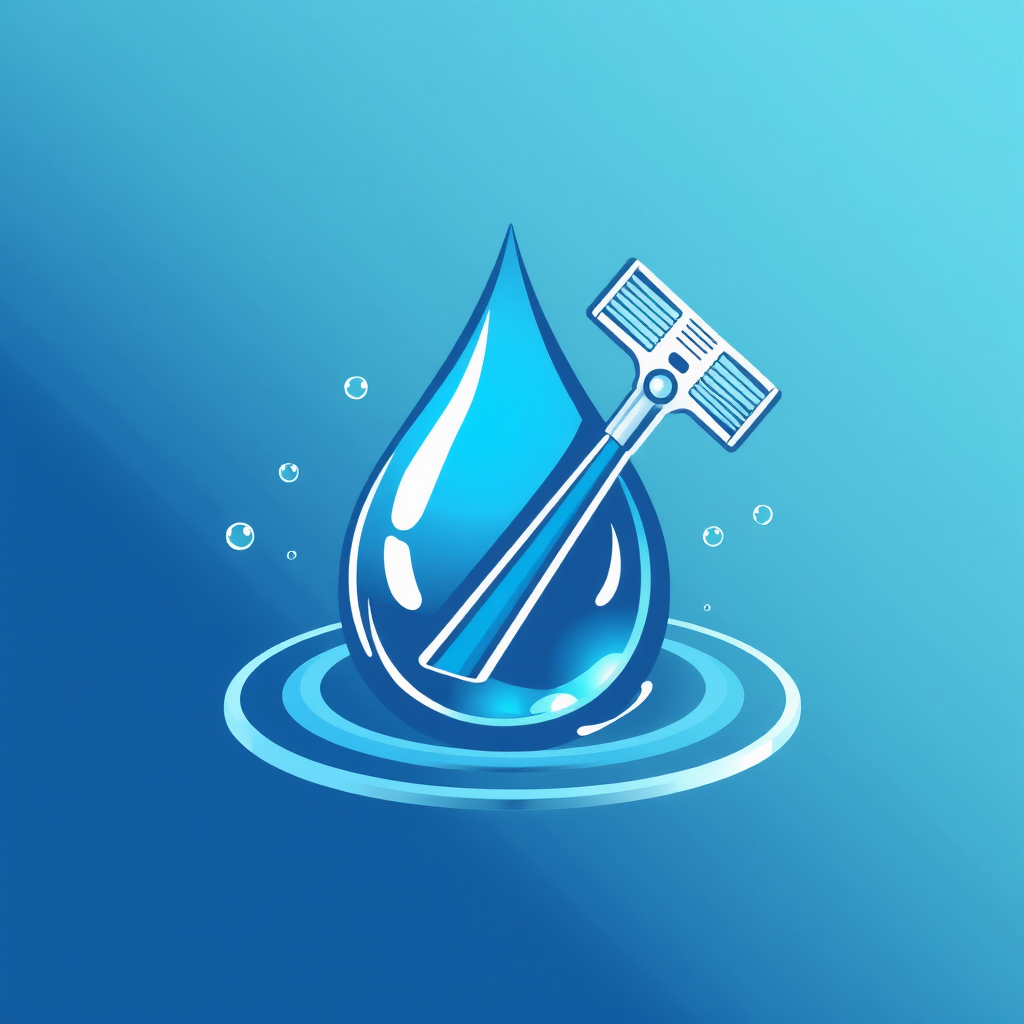 Water droplet logo with a cleaning tool reflecting