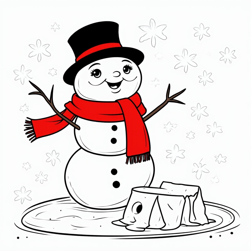 The image shows a snowman with a top hat and scarf standing in the snow, surrounded by a few flowers. The snowman is drawn in a cartoon-like style, with bright colors and a cheerful expression. The background is a light blue sky with white snowflakes falling, and the snowman stands tall and proud, ready to take on the winter wonderland.